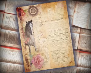 12 Papers | Horses Themed Junk Journal Kit with Colorful Background and Intricate Details | Printable Pages, Shabby Chic Ephemera