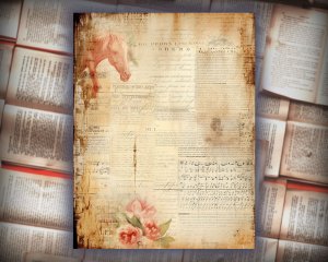 12 Papers | Horses Themed Junk Journal Kit with Colorful Background and Intricate Details | Printable Pages, Shabby Chic Ephemera