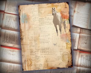 12 Papers | Horses Themed Junk Journal Kit with Colorful Background and Intricate Details | Printable Pages, Shabby Chic Ephemera