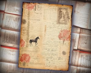 12 Papers | Horses Themed Junk Journal Kit with Colorful Background and Intricate Details | Printable Pages, Shabby Chic Ephemera