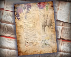 12 Papers | Horses Themed Junk Journal Kit with Colorful Background and Intricate Details | Printable Pages, Shabby Chic Ephemera