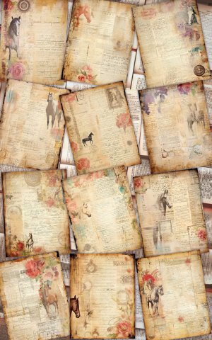 12 Papers | Horses Themed Junk Journal Kit with Colorful Background and Intricate Details | Printable Pages, Shabby Chic Ephemera