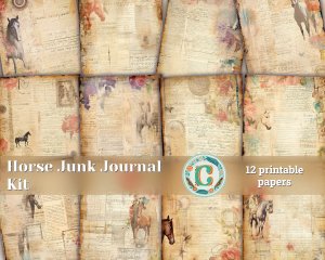 12 Papers | Horses Themed Junk Journal Kit with Colorful Background and Intricate Details | Printable Pages, Shabby Chic Ephemera