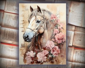 12 papers | Horses Themed Junk Journal Kit | Colorful Backgrounds | Scrapbooking Papers | Printable Pages | Shabby Chic Ephemera