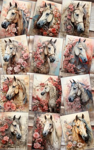 12 papers | Horses Themed Junk Journal Kit | Colorful Backgrounds | Scrapbooking Papers | Printable Pages | Shabby Chic Ephemera