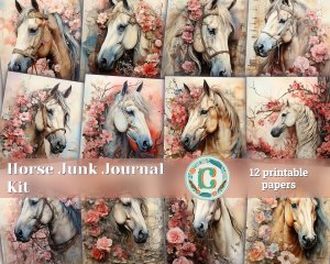 12 papers | Horses Themed Junk Journal Kit | Colorful Backgrounds | Scrapbooking Papers | Printable Pages | Shabby Chic Ephemera