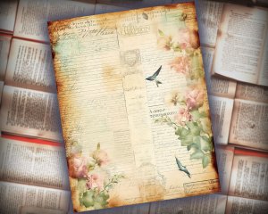 12 papers | Hummingbird Themed Scrapbooking Papers - Fairy Tale Watercolor Illustration, Intricate Details, Shabby Chic Ephemera