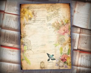 12 papers | Hummingbird Themed Scrapbooking Papers - Fairy Tale Watercolor Illustration, Intricate Details, Shabby Chic Ephemera