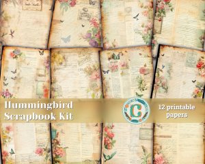 12 papers | Hummingbird Themed Scrapbooking Papers - Fairy Tale Watercolor Illustration, Intricate Details, Shabby Chic Ephemera