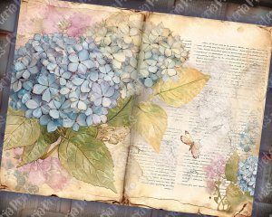 Fairy Tale Watercolor Hydrangeas Junk Journal Background - Printable Collage for Invitations, Digital Planners, Journaling, Nature Themes