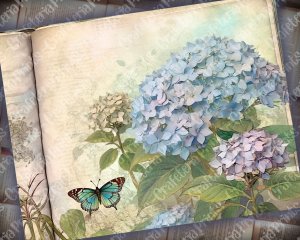 Fairy Tale Watercolor Hydrangeas Junk Journal Background - Printable Collage for Invitations, Digital Planners, Journaling, Nature Themes