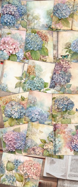 Fairy Tale Watercolor Hydrangeas Junk Journal Background - Printable Collage for Invitations, Digital Planners, Journaling, Nature Themes