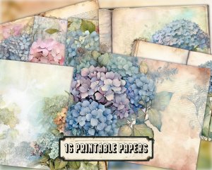 Fairy Tale Watercolor Hydrangeas Junk Journal Background - Printable Collage for Invitations, Digital Planners, Journaling, Nature Themes