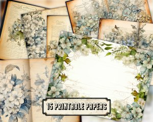 Watercolor Hydrangeas Floral Scrapbook Pages, Vintage Flowers Wallpaper, High Quality Lined Paper, Ephemera for Junk Journals, Invitations