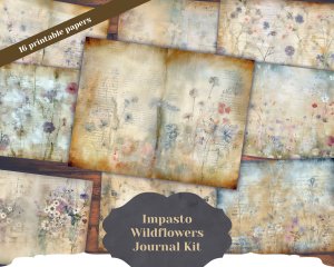 16 pages of Impasto Wildflowers muted colors shabby chic ephemera, scrapbooking background, watercolor illustration, perfect for invitations