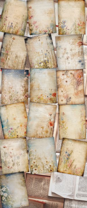 16 pages of Impasto Wildflowers muted colors shabby chic ephemera scrapbooking backgrounds, watercolor illustrations with intrinsic details