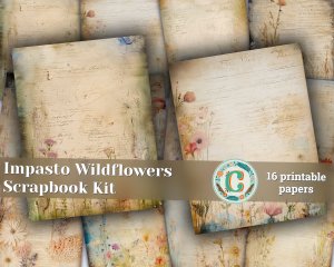 16 pages of Impasto Wildflowers muted colors shabby chic ephemera scrapbooking backgrounds, watercolor illustrations with intrinsic details