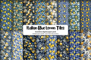 Hand-drawn Italian blue tiles pattern with vibrant lemons - Digital Seamless Texture for Crafts, Scrapbooking, and Printables