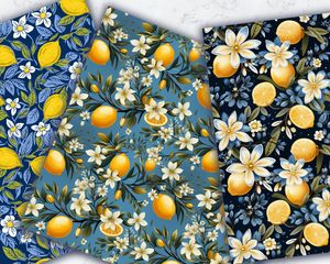 Hand-drawn Italian blue tiles pattern with vibrant lemons - Digital Seamless Texture for Crafts, Scrapbooking, and Printables