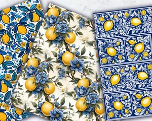 Hand-drawn Italian blue tiles pattern with vibrant lemons - Digital Seamless Texture for Crafts, Scrapbooking, and Printables