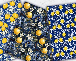 Hand-drawn Italian blue tiles pattern with vibrant lemons - Digital Seamless Texture for Crafts, Scrapbooking, and Printables