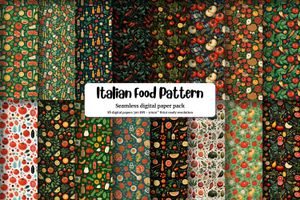 Food-inspired Seamless Digital Pattern Paper for Crafts, Scrapbooking, and DIY Projects. Italian Cuisine Elements: Tomatoes, Basil