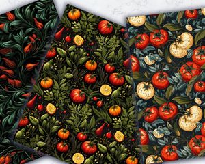 Food-inspired Seamless Digital Pattern Paper for Crafts, Scrapbooking, and DIY Projects. Italian Cuisine Elements: Tomatoes, Basil