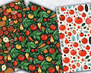 Food-inspired Seamless Digital Pattern Paper for Crafts, Scrapbooking, and DIY Projects. Italian Cuisine Elements: Tomatoes, Basil