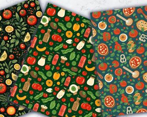 Food-inspired Seamless Digital Pattern Paper for Crafts, Scrapbooking, and DIY Projects. Italian Cuisine Elements: Tomatoes, Basil