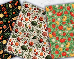 Food-inspired Seamless Digital Pattern Paper for Crafts, Scrapbooking, and DIY Projects. Italian Cuisine Elements: Tomatoes, Basil