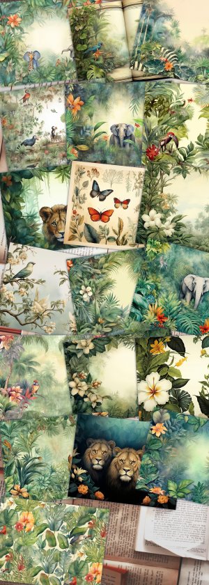 Watercolor Jungle Themed Wallpaper Scrapbook Pages | High Quality & Detailed | Lined Page | Perfect for Invitations & Digital Planners