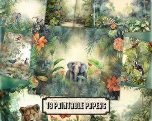 Watercolor Jungle Themed Wallpaper Scrapbook Pages | High Quality & Detailed | Lined Page | Perfect for Invitations & Digital Planners