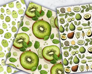 Digital Pattern Paper - Kiwi Clipart, Doodle Style, Watercolor Illustration, Seamless Texture, Big Elements, Light Background, High Quality