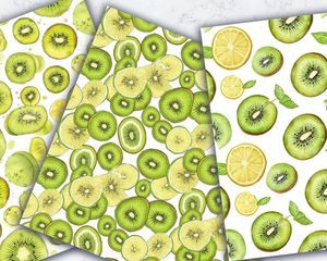 Digital Pattern Paper with Seamless Texture - Kiwi & Lime Clipart, Doodle Style, Cute Watercolor Illustration, Hand Drawn Vector