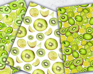 Digital Pattern Paper with Seamless Texture - Kiwi & Lime Clipart, Doodle Style, Cute Watercolor Illustration, Hand Drawn Vector