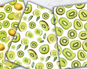 Digital Pattern Paper with Seamless Texture - Kiwi & Lime Clipart, Doodle Style, Cute Watercolor Illustration, Hand Drawn Vector