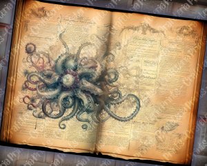 Large Kraken and Deep Ocean Creatures Scrapbook Page | Vivid Blueish Colors | Digital Watercolor Illustration | Shabby Chic Ephemera