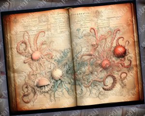 Large Kraken and Deep Ocean Creatures Scrapbook Page | Vivid Blueish Colors | Digital Watercolor Illustration | Shabby Chic Ephemera