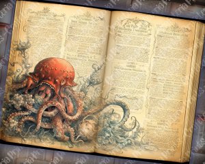 Large Kraken and Deep Ocean Creatures Scrapbook Page | Vivid Blueish Colors | Digital Watercolor Illustration | Shabby Chic Ephemera