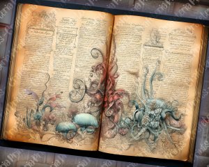 Large Kraken and Deep Ocean Creatures Scrapbook Page | Vivid Blueish Colors | Digital Watercolor Illustration | Shabby Chic Ephemera