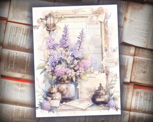 16 papers | Lavender Dreams - Vintage Watercolor Scrapbooking Kit, Printable Pages for Invitations, Digital Planners, Journaling