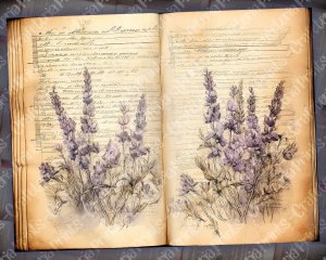 Watercolor Illustration Lined Paper with Lavenders Floral Theme - Vintage Flowers Wallpaper for Junk Journal, High Quality & Detailed