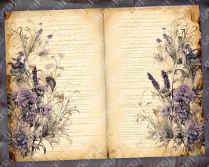 Watercolor Illustration Lined Paper with Lavenders Floral Theme - Vintage Flowers Wallpaper for Junk Journal, High Quality & Detailed