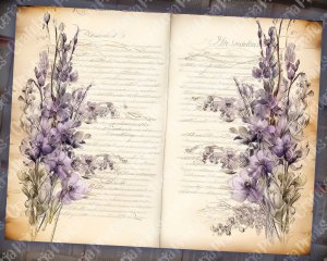 Watercolor Illustration Lined Paper with Lavenders Floral Theme - Vintage Flowers Wallpaper for Junk Journal, High Quality & Detailed