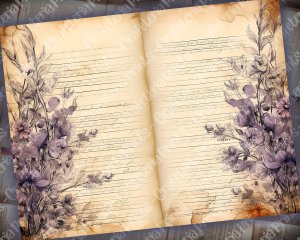 Watercolor Illustration Lined Paper with Lavenders Floral Theme - Vintage Flowers Wallpaper for Junk Journal, High Quality & Detailed