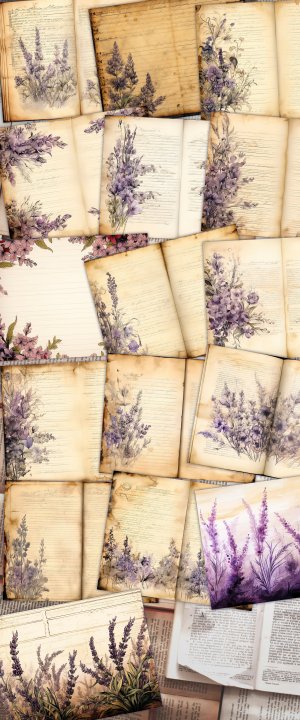 Watercolor Illustration Lined Paper with Lavenders Floral Theme - Vintage Flowers Wallpaper for Junk Journal, High Quality & Detailed