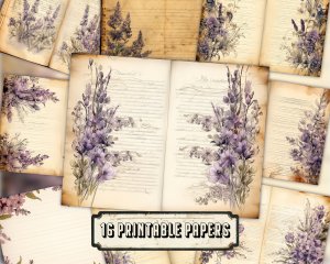 Watercolor Illustration Lined Paper with Lavenders Floral Theme - Vintage Flowers Wallpaper for Junk Journal, High Quality & Detailed