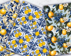 Fresh and Vibrant Lemon Blue Tiles Seamless Digital Pattern Paper for Crafts and Designs - Italian Inspired Vector Clipart Background