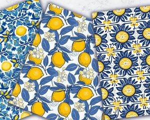 Fresh and Vibrant Lemon Blue Tiles Seamless Digital Pattern Paper for Crafts and Designs - Italian Inspired Vector Clipart Background