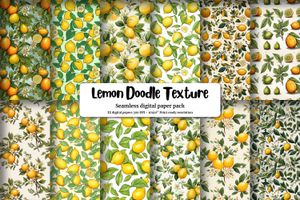 Cute Lemon Clipart, Doodle Style, Watercolor Illustration, Seamless Texture, Big Elements, Light Background, Digital Pattern Paper